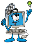 Clip Art Graphic of a Desktop Computer Cartoon Character Preparing to Hit a Tennis Ball