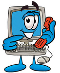 Clip Art Graphic of a Desktop Computer Cartoon Character Holding a Telephone