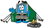 Clip Art Graphic of a Desktop Computer Cartoon Character Camping With a Tent and Fire
