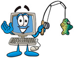 Clip Art Graphic of a Desktop Computer Cartoon Character Holding a Fish on a Fishing Pole