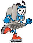 Clip Art Graphic of a Desktop Computer Cartoon Character Roller Blading on Inline Skates