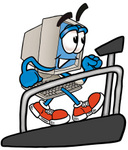 Clip Art Graphic of a Desktop Computer Cartoon Character Walking on a Treadmill in a Fitness Gym