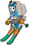 Clip Art Graphic of a Desktop Computer Cartoon Character Skiing Downhill