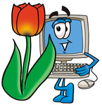 Clip Art Graphic of a Desktop Computer Cartoon Character With a Red Tulip Flower in the Spring