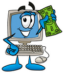 Clip Art Graphic of a Desktop Computer Cartoon Character Holding a Dollar Bill