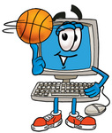 Clip Art Graphic of a Desktop Computer Cartoon Character Spinning a Basketball on His Finger
