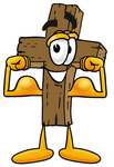 Clip Art Graphic of a Wooden Cross Cartoon Character Flexing His Arm Muscles