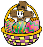 Clip Art Graphic of a Wooden Cross Cartoon Character in an Easter Basket Full of Decorated Easter Eggs