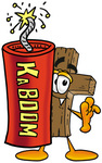 Clip Art Graphic of a Wooden Cross Cartoon Character Standing With a Lit Stick of Dynamite