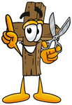 Clip Art Graphic of a Wooden Cross Cartoon Character Holding a Pair of Scissors