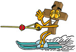 Clip Art Graphic of a Wooden Cross Cartoon Character Waving While Water Skiing