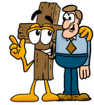Clip Art Graphic of a Wooden Cross Cartoon Character Talking to a Business Man