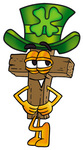 Clip Art Graphic of a Wooden Cross Cartoon Character Wearing a Saint Patricks Day Hat With a Clover on it