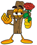 Clip Art Graphic of a Wooden Cross Cartoon Character Holding a Red Rose on Valentines Day