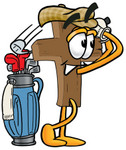 Clip Art Graphic of a Wooden Cross Cartoon Character Leaning on a Golf Club While Golfing