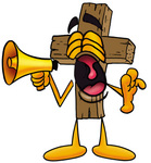 Clip Art Graphic of a Wooden Cross Cartoon Character Screaming Into a Megaphone