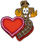 Clip Art Graphic of a Wooden Cross Cartoon Character With an Open Box of Valentines Day Chocolate Candies