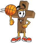 Clip Art Graphic of a Wooden Cross Cartoon Character Spinning a Basketball on His Finger