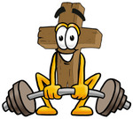 Clip Art Graphic of a Wooden Cross Cartoon Character Lifting a Heavy Barbell