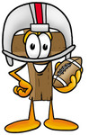 Clip Art Graphic of a Wooden Cross Cartoon Character in a Helmet, Holding a Football