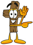 Clip Art Graphic of a Wooden Cross Cartoon Character Waving and Pointing