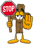 Clip Art Graphic of a Wooden Cross Cartoon Character Holding a Stop Sign