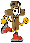Clip Art Graphic of a Wooden Cross Cartoon Character Roller Blading on Inline Skates