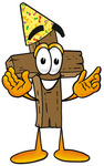 Clip Art Graphic of a Wooden Cross Cartoon Character Wearing a Birthday Party Hat