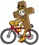 Clip Art Graphic of a Wooden Cross Cartoon Character Riding a Bicycle