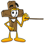 Clip Art Graphic of a Wooden Cross Cartoon Character Holding a Pointer Stick