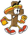 Clip Art Graphic of a Wooden Cross Cartoon Character Speed Walking or Jogging