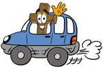 Clip Art Graphic of a Wooden Cross Cartoon Character Driving a Blue Car and Waving