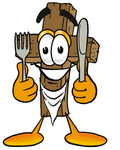 Clip Art Graphic of a Wooden Cross Cartoon Character Holding a Knife and Fork