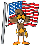 Clip Art Graphic of a Wooden Cross Cartoon Character Pledging Allegiance to an American Flag