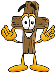 Clip Art Graphic of a Wooden Cross Cartoon Character With Welcoming Open Arms