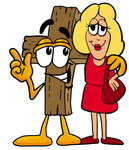 Clip Art Graphic of a Wooden Cross Cartoon Character Talking to a Pretty Blond Woman