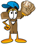 Clip Art Graphic of a Wooden Cross Cartoon Character Catching a Baseball With a Glove
