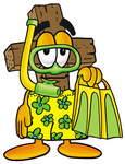 Clip Art Graphic of a Wooden Cross Cartoon Character in Green and Yellow Snorkel Gear