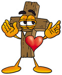 Clip Art Graphic of a Wooden Cross Cartoon Character With His Heart Beating Out of His Chest