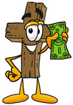 Clip Art Graphic of a Wooden Cross Cartoon Character Holding a Dollar Bill