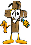 Clip Art Graphic of a Wooden Cross Cartoon Character Looking Through a Magnifying Glass