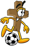 Clip Art Graphic of a Wooden Cross Cartoon Character Kicking a Soccer Ball