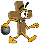 Clip Art Graphic of a Wooden Cross Cartoon Character Holding a Bowling Ball