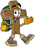 Clip Art Graphic of a Wooden Cross Cartoon Character Hiking and Carrying a Backpack