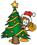 Clip Art Graphic of a Wooden Cross Cartoon Character Waving and Standing by a Decorated Christmas Tree