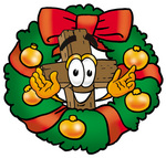 Clip Art Graphic of a Wooden Cross Cartoon Character in the Center of a Christmas Wreath