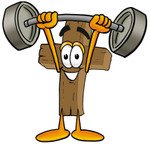 Clip Art Graphic of a Wooden Cross Cartoon Character Holding a Heavy Barbell Above His Head