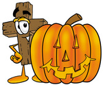 Clip Art Graphic of a Wooden Cross Cartoon Character With a Carved Halloween Pumpkin