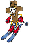 Clip Art Graphic of a Wooden Cross Cartoon Character Skiing Downhill