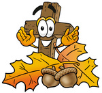 Clip Art Graphic of a Wooden Cross Cartoon Character With Autumn Leaves and Acorns in the Fall